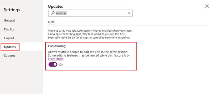 Microsoft Power Apps Studio settings with the Coauthoring switch enabled.