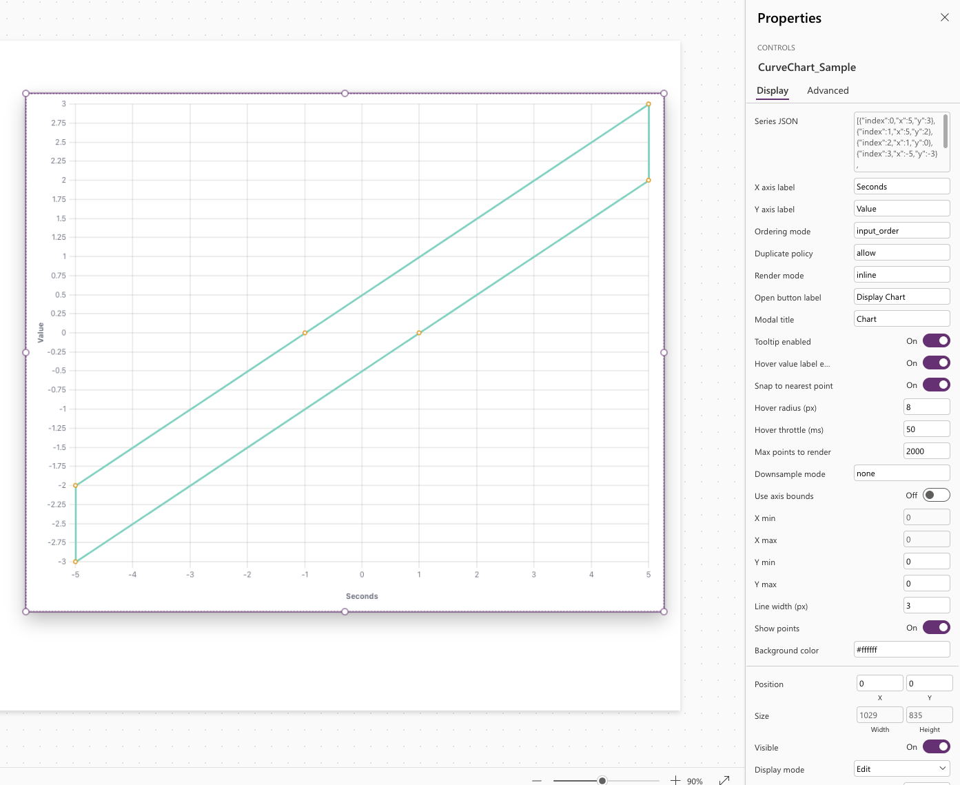 Cardinal Chart sample with index-driven point order and its Power Apps properties.