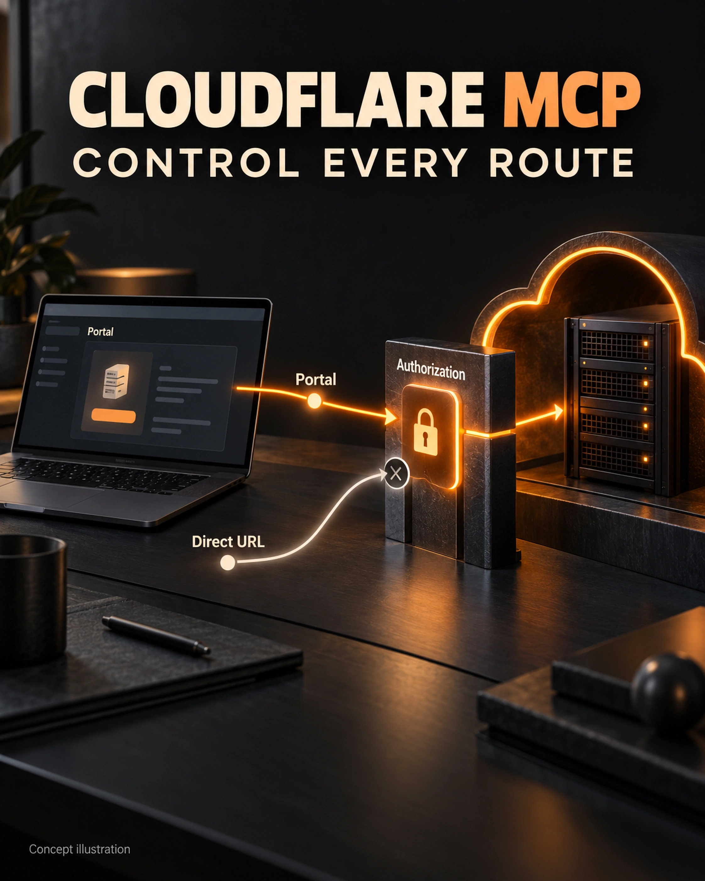 Concept illustration showing a laptop MCP portal and two routes: the portal route passes through server authorization, while a direct URL route is blocked at the same gate.