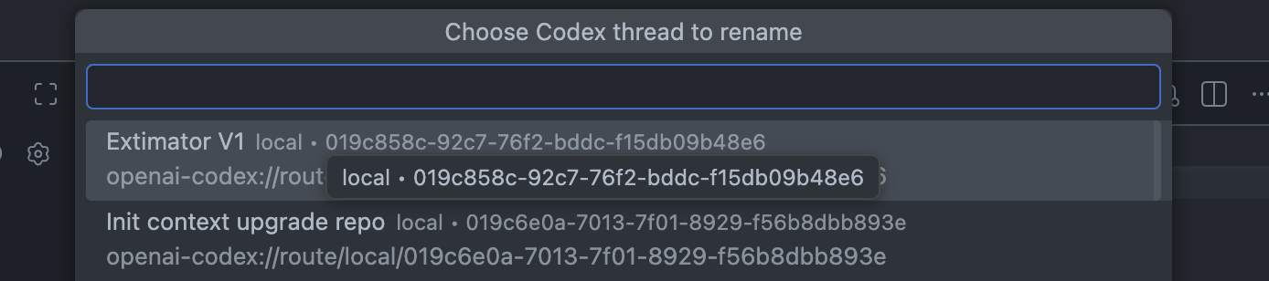 Context menu entry to rename a Codex thread in the VS Code sidebar.