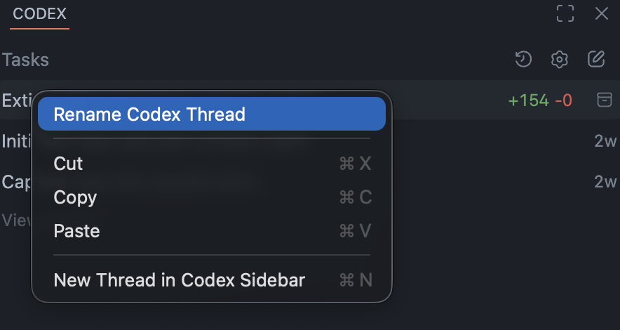 Rename Codex Thread command in the patched VS Code context menu.