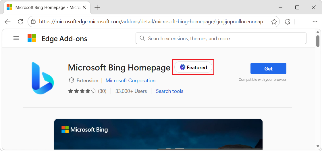 Microsoft Bing Homepage listing on Microsoft Edge Add-ons with a Featured badge beside its name.