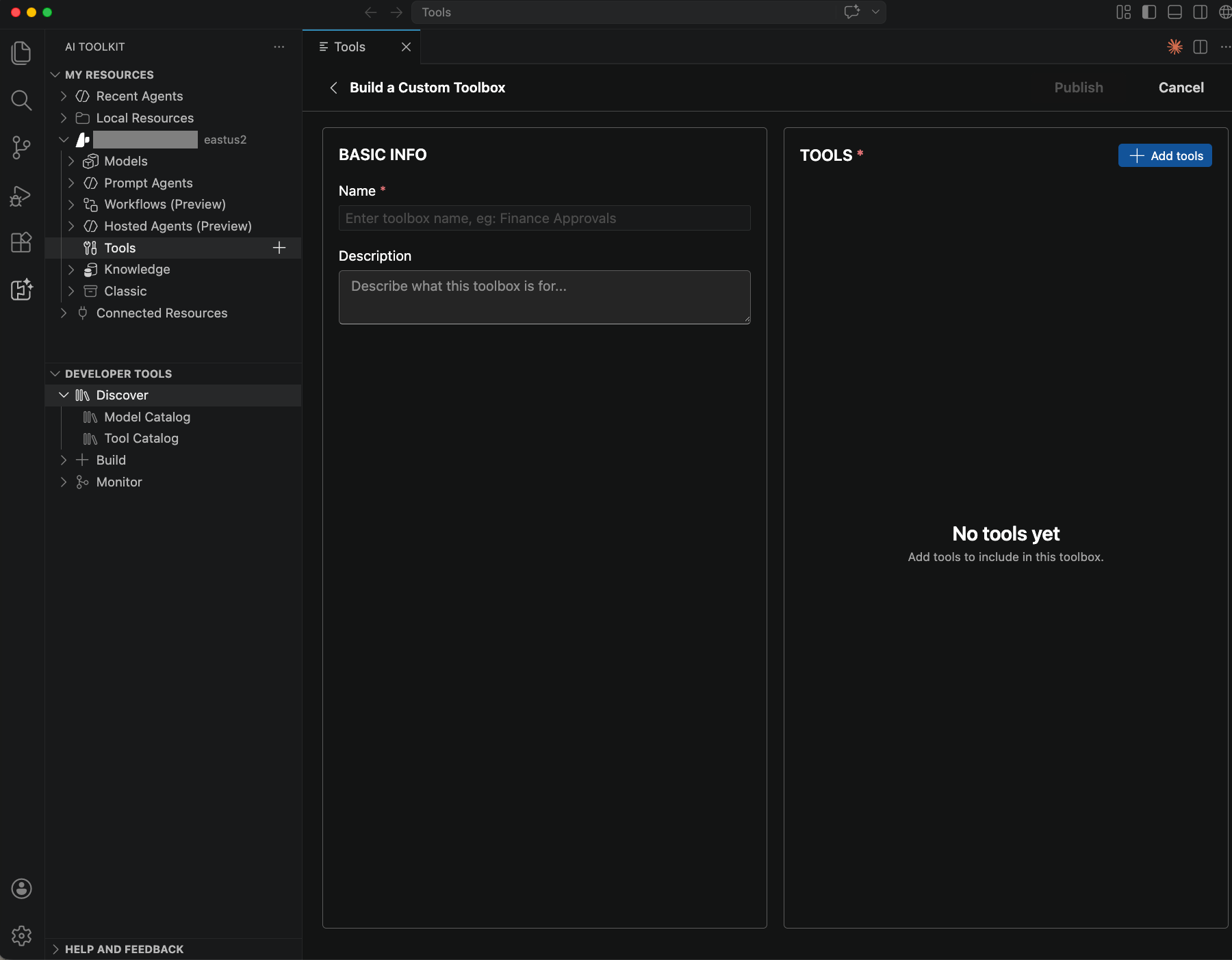 Microsoft Foundry tooling in Visual Studio Code showing a new toolbox name, description and Add tools action.