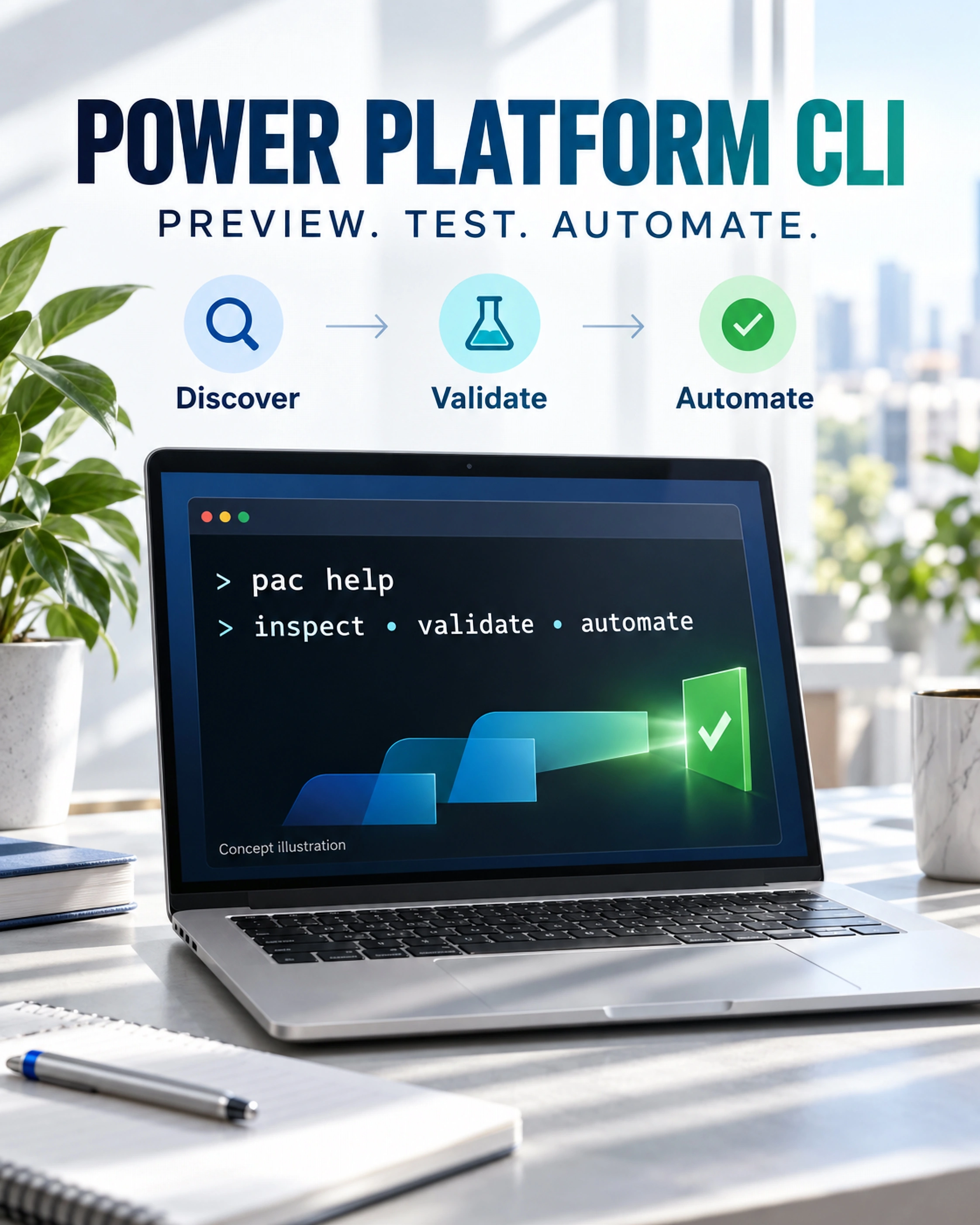 Concept illustration of a laptop showing a PAC CLI terminal beside three steps: discover, validate, and automate.