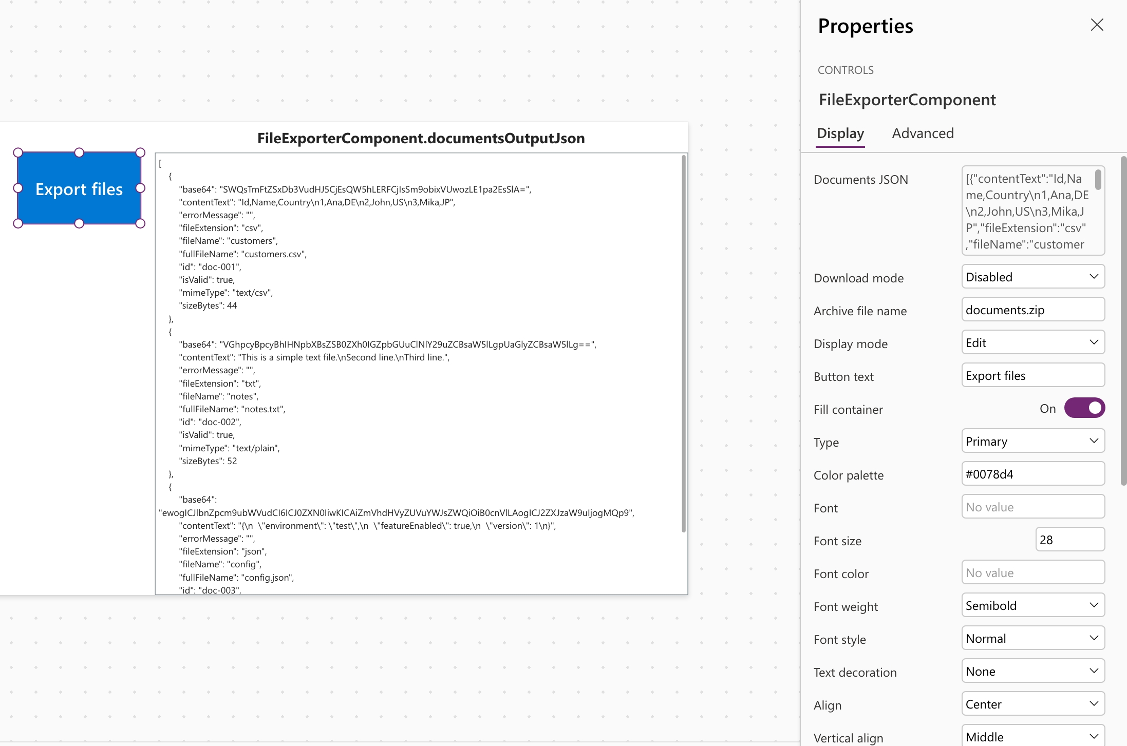 File Exporter PCF with an export button, processed JSON and download mode settings.