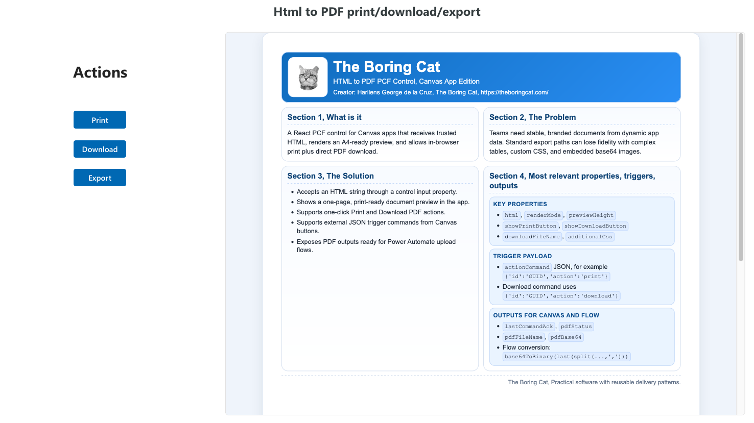 The Boring Cat HTML document preview beside Print, Download and Export buttons.