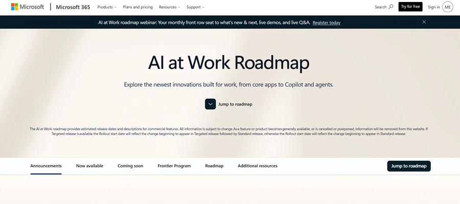 Microsoft AI at Work Roadmap with Announcements, Now available and Coming soon tabs.