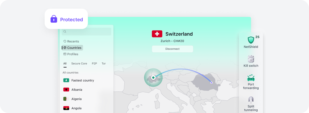 Official Proton VPN desktop creative showing a Switzerland connection and privacy controls.