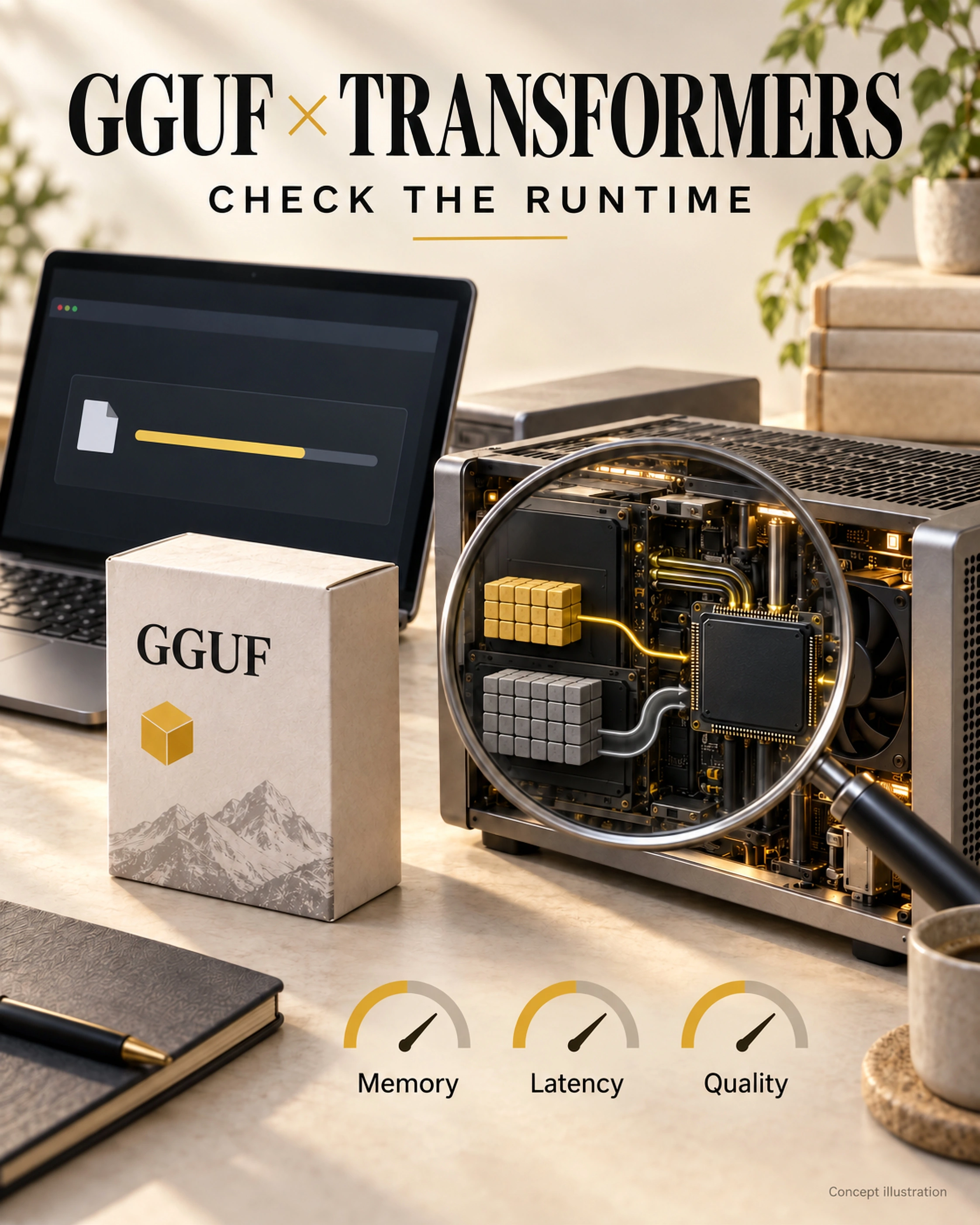 Concept illustration headed GGUF × Transformers, showing a model file, a laptop and two possible routes through an inference workstation with Memory, Latency, and Quality gauges.